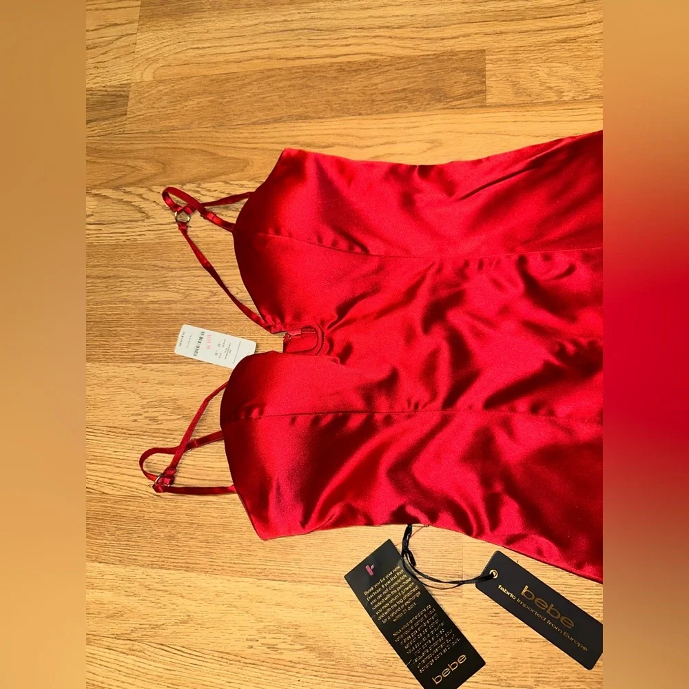 bebe Red Satin Slip Dress with Sweetheart Neckline adjustable strap - Picture 3 of 5